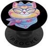 Kawaii Whimsical Pastel Feline Face Grap Simpatico ritratto gatto amante gatto grafico blu occhiali fiocco floreale PopSockets PopGrip Adesivo
