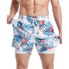 MaaMgic Uomo Pantaloncini da Surf 2-in-1 con Compressione | 5 5' Pollici Interni Asciugatura Rapida Costume da Bagno Corti con Tasche Interna Foglie Blu Fiori Rossi 5.5 XS
