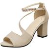 Generisch 2026 Nuovo arrivato Scarpa da donna con cinturino con fibbia tacco a blocco sandali con perle di pesce tacchi alti estivi casual alla caviglia sandali boho scarpe, beige., 39 EU