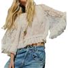 Faymlc - Camicia da donna con maniche a pipistrello, top oversize in pizzo a contrasto, trasparente, in rete, con ruches, svolazzante, stile boho, Pizzo bianco., M