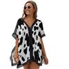 SMBHIAON Stampa Animalier Donna Copricostumi Parei Sciolto Nero Beachwear Cover Up Costumi da Bagno Bikini Abito Camicia da Donna Copricostume Spiaggia Camicetta Motivo A Macchie di Mucca