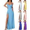 Generic Abito da sera da donna, lungo, in raso, da cocktail, da donna, con spacco, senza maniche, linea ad A, elegante, Azzurro, S