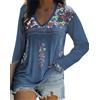 Melliflo Camicetta Messicana a Maniche Lunghe da Donna con Ricamo Floreale, Camicetta contadina Stile Etnico Boho t-Shirt, Blu Navy, M