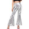 Duohropke Pantaloni da discoteca da donna, lucidi, metallizzati, stile retrò, anni '70, 80, argento, M