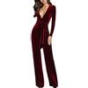 Duohropke Jumpsuit da Donna in Velluto, Tuta con Scollo a V, Playsuit con Gambe Larghe, con Cintura, Elegante, Pantaloni, Romper, Un Pezzo, Autunno, Inverno, Completo da Cocktail, da Ufficio, Rosso2