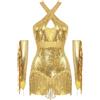 Freebily Body da Ballo Latino Americano Tango Donna con Guanti Balletto Leotards con Nappe Paillettes Scintillanti Abito da Balletto Danza Moderna Cha-Cha con Frange Oro L
