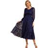 Ever-Pretty Abito da Cerimonia Eleganti Jacquard Chiffon Abito da Sera Midi Vestito a Maniche Lunghe Vita Elastica Blu Navy 56