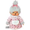 BANDAI Monchhichi Bandai Sekiguchi 233150 - Nonna originale, in peluche grigio, con vestito e codino fiocco, circa 20 cm, Multicolore