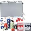 Glac Store Valigetta da Poker Texas Hold'em Blackjack, 200 Chips, 2 Mazzi di Carte Blu e Rosse, 5 Dadi, Argento