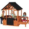 AIYAPLAY Casetta da Giardino per Bambini in Legno Abete, Casetta per Bambini Esterno con Tavolo, Panche, Lavandino, Mezza Porta, Portavasi, Finestra Snack Bar, 3-8Anni, 166x113x140 cm, Marrone Chiaro