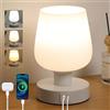 Lightess Lampada da Comodino Touch Dimmerabile con Porte di Ricarica USB A+C, Lampada da Tavolo con Paralume in Vetro Smerigliato Bianco e Spina per Camera da Letto Soggiorno(Lampadina Inclusa)