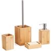 BM Set Accessori Bagno in Bambù 4 Pezzi - Dispenser Sapone, Portaspazzolino, Portasapone, Porta Scopino WC - Design Naturale ed Elegante, Ideale per Bagno Moderno e Minimalista