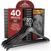 Eurocali 40 Grucce Appendiabiti in Legno Nero per Vestiti Abiti Giacche Camicie - RealGruccia Barra porta Pantaloni Tacche Antiscivolo e Gancio Girevole 360° - Finitura Lucida e Profilo Smussato - 22x45cm
