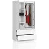 BDW - Armadio a 2 ante, 4 ripiani, spazio per appendere, 2 cassetti, per camera da letto, soggiorno e corridoio, 180 x 90 x 51 cm (bianco)