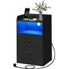 WOLTU Comodino per Camera da Letto, Comodino Nero con Prese, Porte USB e Luci a LED, Tavolino con 1 Piano, 1 Scomparto e 2 Cassetti, Tavolino da Divano in Legno, NTS07sz