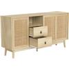 Azkoeesy Credenza Stile Rustico 155x38x80 cm, Design Effetto Rattan, 3 Ante Scorrevoli e 2 Cassetti, Effetto Rovere