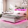 KUAKE Letto matrimoniale imbottito 140x200, letto contenitore multifunzionale con luce LED, interfaccia USB e Type-C, tessuto di lino (Beige, 140x200cm)