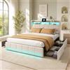 KeepGoon letto matrimoniale con 4 cassetti, 140 x 200 cm, Telaio per letto imbottito con stazione di ricarica USB e testiera illuminata a LED, Letto imbottito con contenitore, colore beige