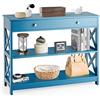 GYMAX Tavolo Consolle da Ingresso con 2 Ripiani, Cassetto, Lati a Forma di X per Corridoio, Camera da Letto, Soggiorno, Tavolo Semplice, 100 x 30 x 80 cm (Blu)