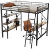 Azkoeesy Letto a soppalco con scrivania 90 x 200 cm, Letto singolo, per adulto, con 3 ripiani e protezione, In metallo, nero