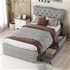 Moimhear Letto piatto 90 x 200 cm, letto imbottito, cuscino comodino con borchie decorative, cassetti doppi (grigio), WF318703