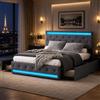 CXHLXYR Letto imbottito 180x200 cm con Contenitore, letto matrimoniale 180x200 con 4 cassetticon,illuminazione a LED e USB, letto Contenitore con testiera regolabile in altezza,Lino Grigio Scuro
