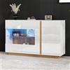 KAZZIO Credenza lucida in truciolato bianco con vetro, base in legno, armadietto per corridoio, 138 x 38 x 90,5 cm