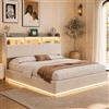 MGMYM Letto matrimoniale imbottito 140 x 200 cm, letto idraulico funzionale con testiera con illuminazione USB e LED, Letto contenitore con rete a doghe,velluto (Bianco)