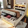 Wyibwy Letto imbottito 90x200cm con porte USB e Type-C, testata con contenitore,letto singolo con illuminazione LED e contenitore idraulico,in tessuto di lino, per adulti e Bambini,beige