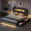 BRILVERDE Letto imbottito 160 x 200 con contenitore, con 4 cassetti, letto matrimoniale con presa USB e luce LED, con testiera e rete a doghe, lino (grigio, 160 x 200 cm)