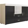 MB Muebles Bonitos, Credenza Soggiorno Stile Moderno Roque, Melamina Lucida, Bianco e Nero, 140x80x40cm