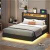 Autheria Letto Matrimoniale 140x200 cm con LED e USB, Letto una piazza e mezza con Spazio SullaTestiera e vano Portaoggetti, Letto Imbottito con rete a doghe, Struttura Letto Matrimoniale, Grigio