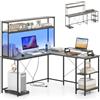 LIFEZEAL Scrivania Angolare con Libreria, Reversibile, Forma di L, Porta Computer, Luci Regolabili, Stazione di Ricarica, Supporto Monitor, CPU, Cuffie, Telecomando, Ufficio, Studio, Legno+Metallo