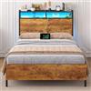 Brinlawb Struttura Letto Singolo 90x200 cm con Luce LED e Stazione di Ricarica (2 Prese CA, 2 Porte USB) Struttura Letto 90x200 cm con struttura in metallo, Facile da montare, Moderno, Marrone