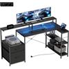 HOMCOM Scrivania Gaming ad L con Multipresa, Luci LED, 165x80 cm Scrivania PC con 2 Cassetti in Tessuto, 2 Scaffali Aperti, Tavolino Laterale e 2 Supporti per Monitor, in Truciolato e Acciaio, Nero