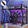 HOXINBLY Letto a soppalco 90 x 200 cm, con luce ambientale telecomando e USB, letto a soppalco con ripiano per console del computer e scrivania, letto per ragazzi singolo, con scale e ringhiere, nero (senza