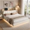 HYTKKBD Letto Matrimoniale Galleggiante 160x200 cm, Letto Imbottito 160x200, Letto Funzionale Sospeso con USB e LED, Struttura LettI con Testiera Contenitore, Rete a Doghe, Senza Materasso, Blanc PU