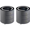 CLIPOP Set di 2 comodini rotondi con stazione di ricarica wireless e luce LED, tavolino da caffè in ecopelle con 3 cassetti e piano in vetro temperato, grigio