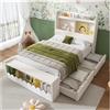 Lubvtti Letto per bambini con testiera contenitore e cassetti,letto singolo 90x190 con ripiano,panca con spazio di archiviazione,telaio del letto con base a doghe,Bianco+colore rovere(senza materasso)