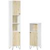 kleankin Set Colonna Bagno Salvaspazio e Mobiletto Bagno in Legno, con Ripiani Aperti e Mensola Interna Regolabile, Bianco e Legno