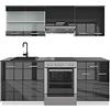 Vicco Cucina componibile R-Line, Antracite lucido/bianco, 200 cm | 5 Moduli · Piedini regolabili in altezza · Piano di lavoro incl. · Ante robuste · Con mobile vetrina