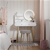 Vicco Tavolo da toeletta Edda, Bianco 80 cm | ✓ Specchio LED · ✓ Sgabello · 2 Cassetti · Da terra · Specchio rotondo da appoggio
