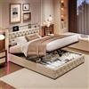 EZSSW Letto matrimoniale con contenitore 160x200 cm, testiera imbottita con ali laterali, LED RGB, prese USB/Type-C,letto baule, velluto beige