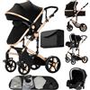 MoLi Passeggino Trio, Passeggino 3 in 1 con Doppia Modalità Push Reversibile, Trio Neonati con Grande Navicella, Carrozzina per Neonati in Alluminio Pieghevole (588 Noir Gold)