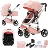 Shineey Passeggino trio, combinazione carrellino per bebè 3 in 1 passeggino cittadino con buggy pieghevole di lusso con carriola per bambini ad alta vista portatile con neonato (H9 PINK, H9)