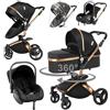 NADDLILY Pelle PU Passeggino Trio, Passeggino 3 in 1 con Sedile Regolabile Rotante 360°, Trio Passeggino Neonati con Accessori, Carrozzina Neonati con Design Portatile Pieghevole Un Clic (906 Black)