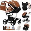 Aveainelle Pelle PU Passeggino 3 in 1, Trio Neonati da Viaggio Reversibile, Passeggino Pieghevole One-Click e Accessori Completi, Doppia Modalità di Freno per Ruote Anteriori e Posteriori (M518 Khaki)