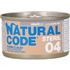 Generico Natural Code Umido Gatto Sterilised gusto TONNO e ALICI, Numero 04, alimento completo in SFILACCETTI per gatti sterilizzati di tutte le taglie, altamente digeribile | 12 scatolette da 85 grammi l'una.