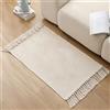 Homxi Tappeto Rettangolare Sala 60 x 150 cm, Tappetino Lino Cotone Sala, Tinta Unita con Nappa, Tappeto per Esterno Beige Bianco