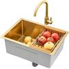 OMGMTSTORE Lavelli da cucina Vasca Singola Oro Spazzolato Acciaio Inox Quadrato da Incasso O Sottopiano con Rubinetto E Piletta (Color : Gold, Size : 60×40cm)